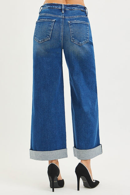 High Rise Crop Wide Distressed Cuff Dark Wash Jeans by Risen