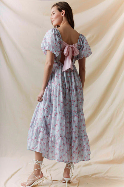 Floral Printed Bubble Sleeve Back Tie Detail Dress
