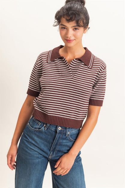 Striped Short Sleeve Collar Knit Top