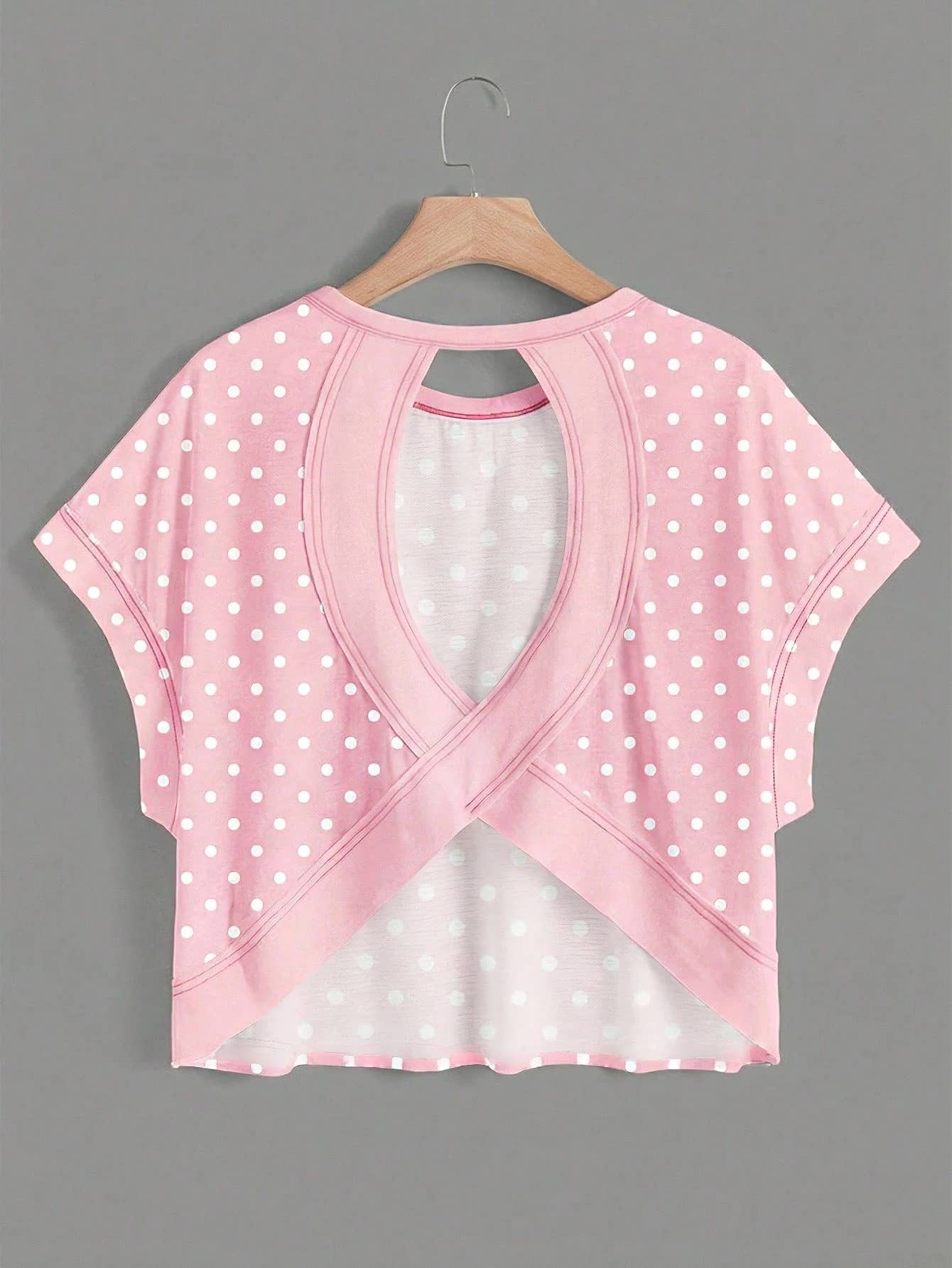 Polka Dots Wrapped Cutout Back Slouchy Tee Workout Shirt