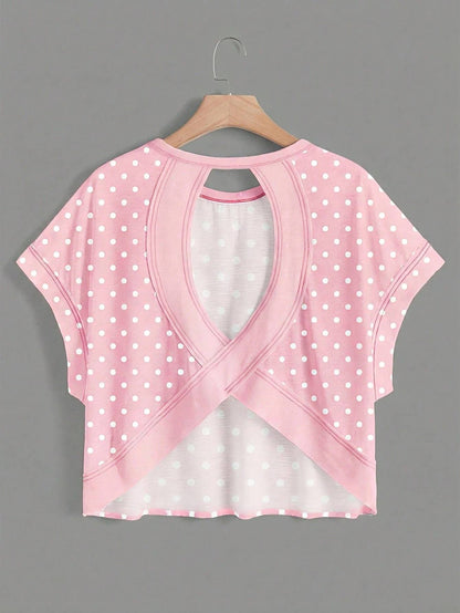 Polka Dots Wrapped Cutout Back Slouchy Tee Workout Shirt