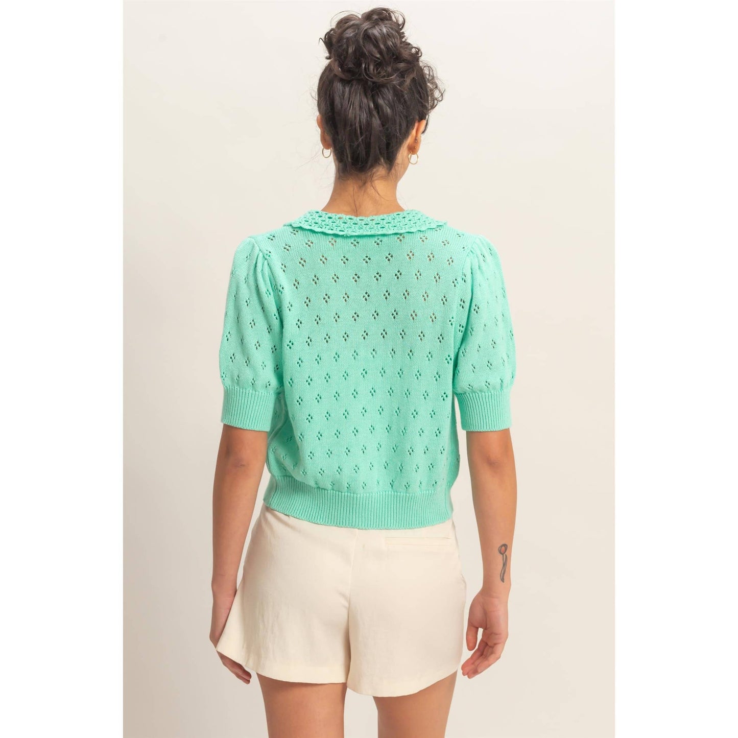 Pointelle Collar Button-Up Puff Sleeve Knit Top
