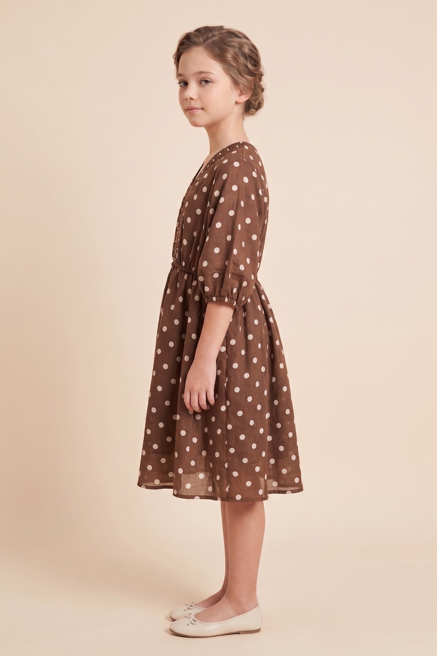 Girls Smocked Neckline Polka Dot Dolman Dress