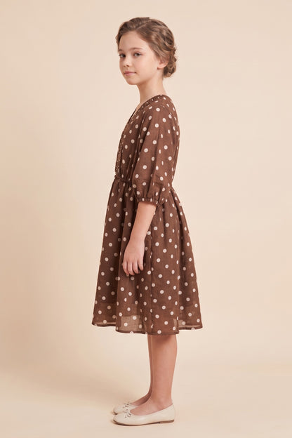 Girls Smocked Neckline Polka Dot Dolman Dress