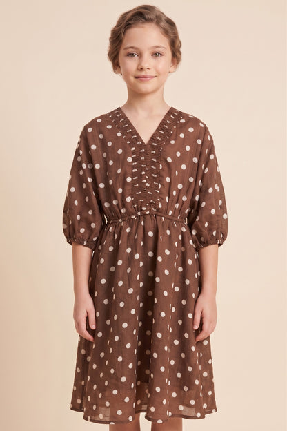 Girls Smocked Neckline Polka Dot Dolman Dress