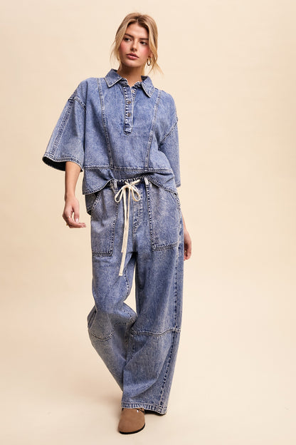 Denim Button Down w/ Wide-Leg Drawstring Pants Set