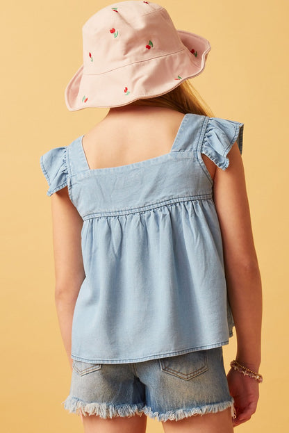 Girls Tencel Square Neck Ruffle Cap Sleeve Top