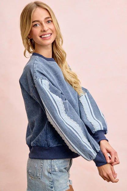 Washed Denim Lace Contrast Sided Sweatshirt Top