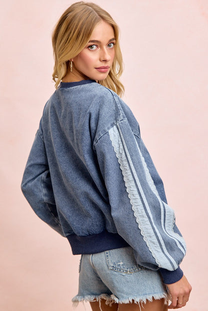 Washed Denim Lace Contrast Sided Sweatshirt Top