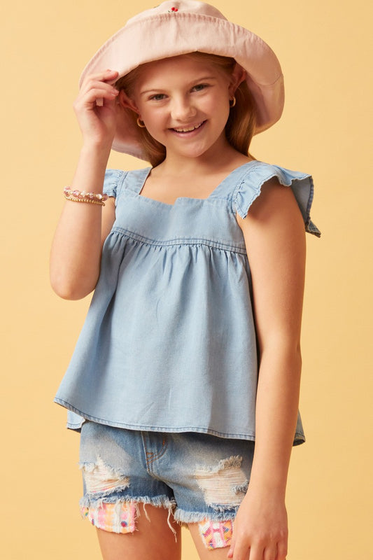 Girls Tencel Square Neck Ruffle Cap Sleeve Top