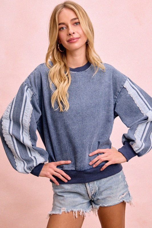 Washed Denim Lace Contrast Sided Sweatshirt Top