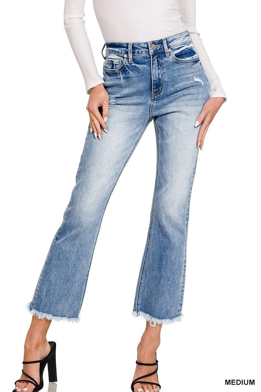 High Rise Straight Raw Hem Cropped Denim Pants