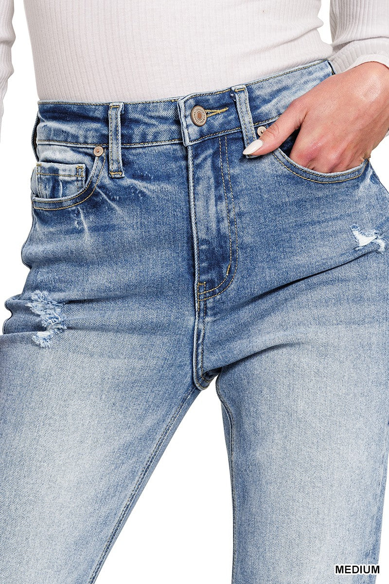 High Rise Straight Raw Hem Cropped Denim Pants