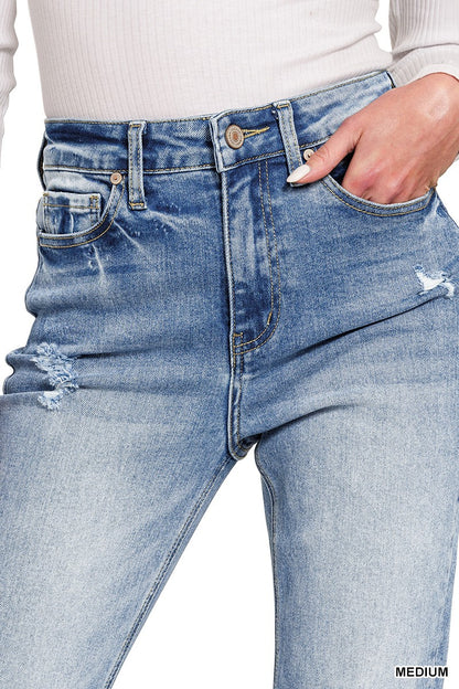 High Rise Straight Raw Hem Cropped Denim Pants