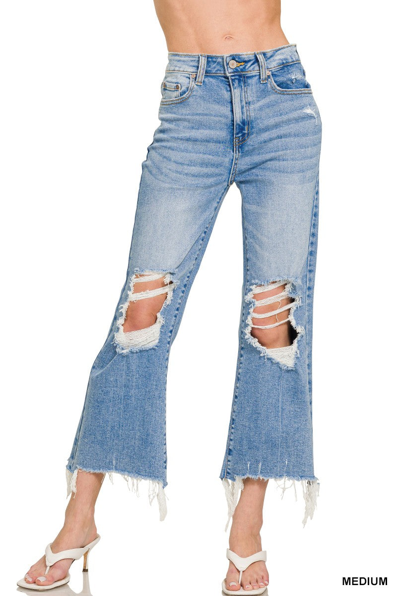 Distressed Knee Raw Frayed Hem Cropped Denim Pants