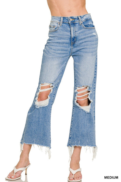Distressed Knee Raw Frayed Hem Cropped Denim Pants