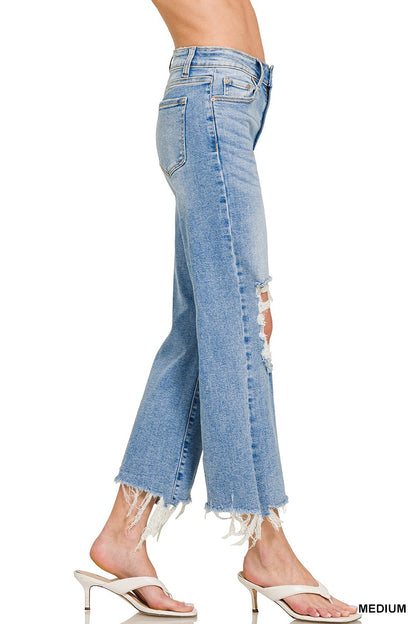 Distressed Knee Raw Frayed Hem Cropped Denim Pants
