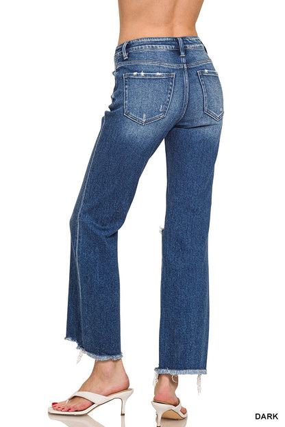 Dark Wash Distressed Knee Raw Hem Denim Pants