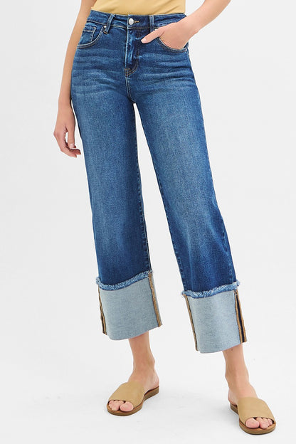 Mid Rise Crop Wide Cuffed Jeans Dark Wash by Risen