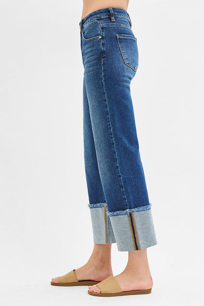 Mid Rise Crop Wide Cuffed Jeans Dark Wash by Risen