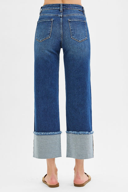 Mid Rise Crop Wide Cuffed Jeans Dark Wash by Risen