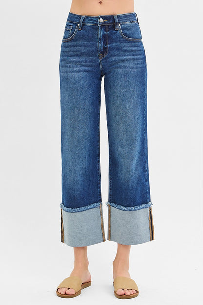 Mid Rise Crop Wide Cuffed Jeans Dark Wash by Risen
