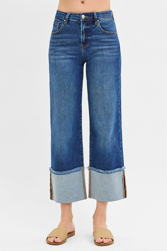 Mid Rise Crop Wide Cuffed Jeans Dark Wash by Risen