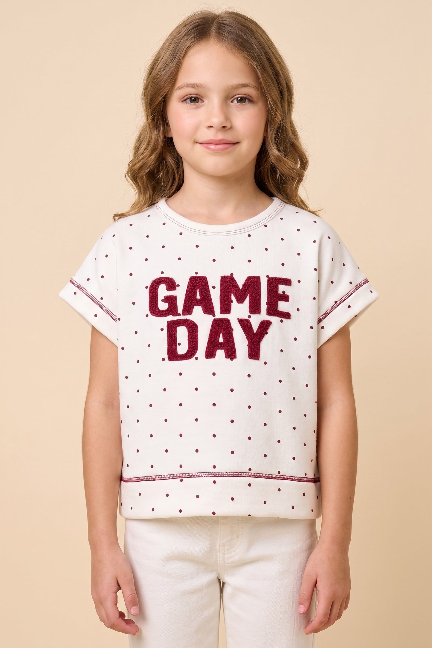 Girls Polka Dot Stitch Detail Game Day Patch Knit Top