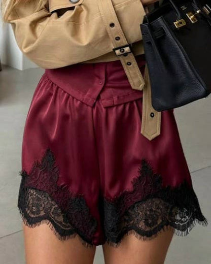 Lace Hem Elastic Waist Solid Loungewear Shorts