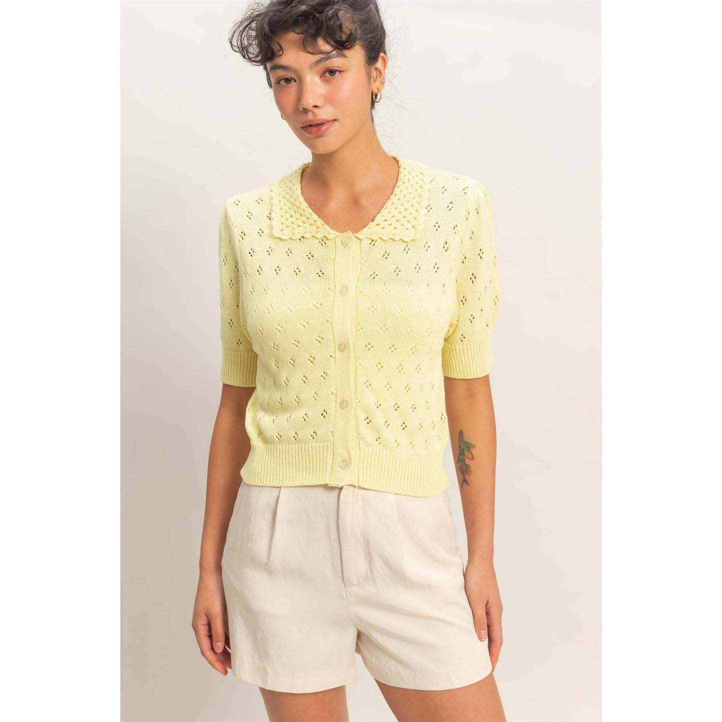 Pointelle Collar Button-Up Puff Sleeve Knit Top