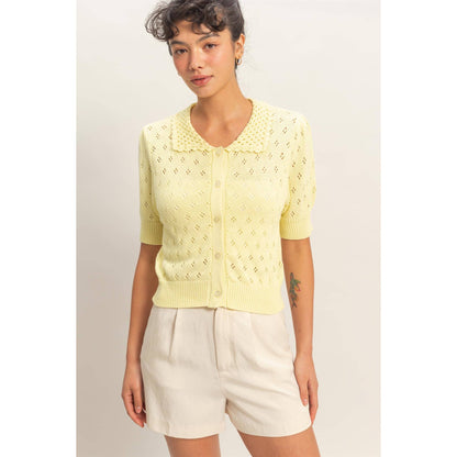 Pointelle Collar Button-Up Puff Sleeve Knit Top