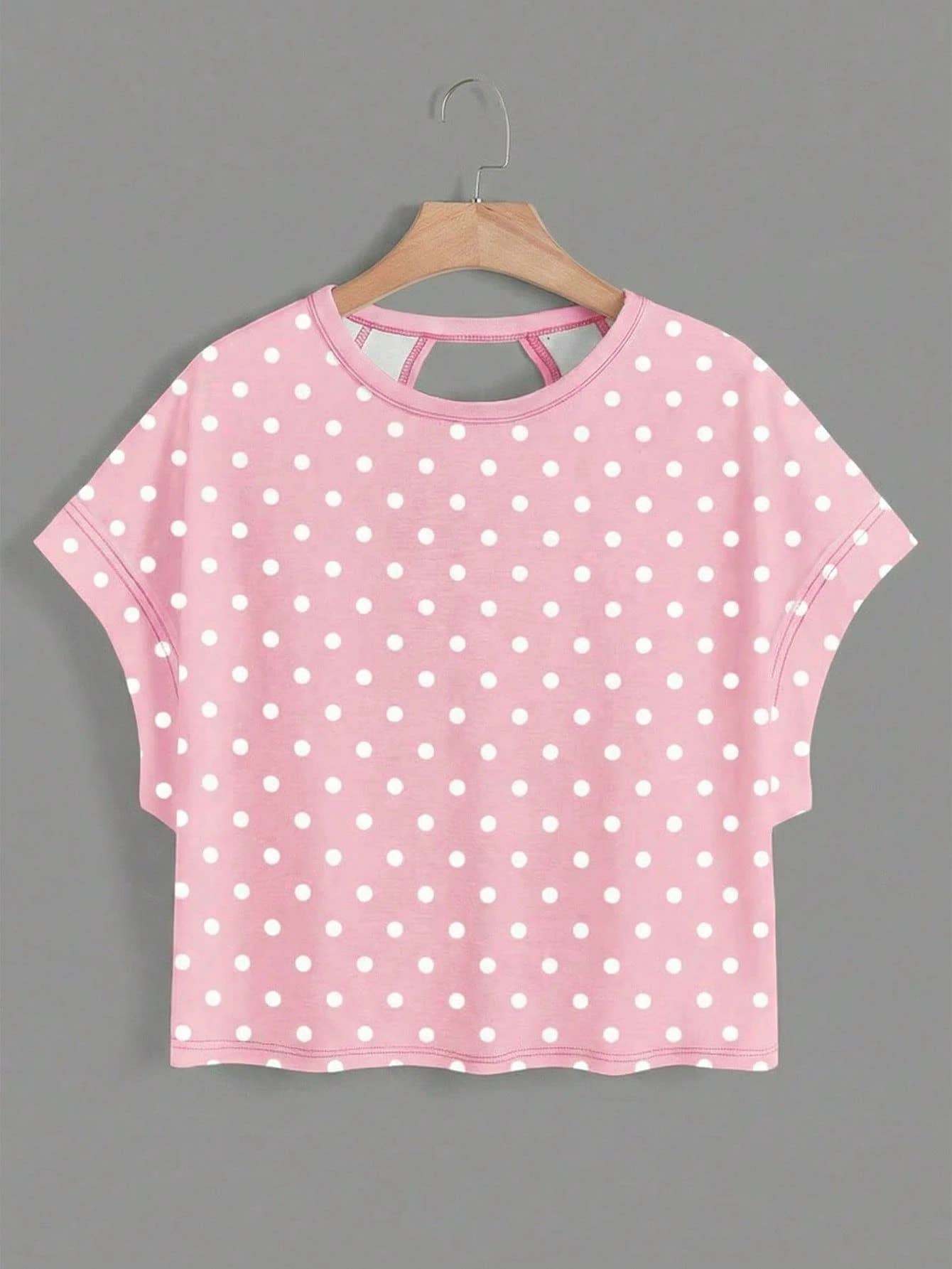 Polka Dots Wrapped Cutout Back Slouchy Tee Workout Shirt