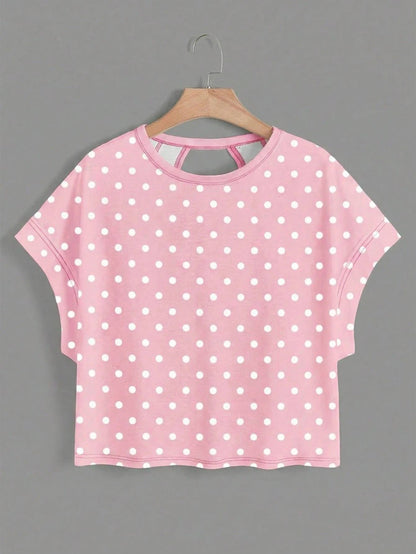 Polka Dots Wrapped Cutout Back Slouchy Tee Workout Shirt
