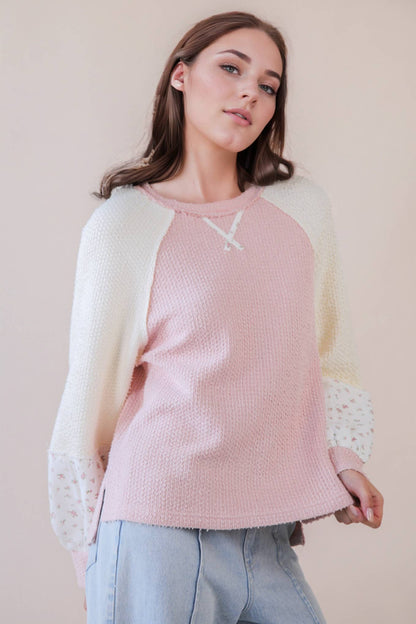 Raglan Sleeve Color Block Casual Textured Knit Top