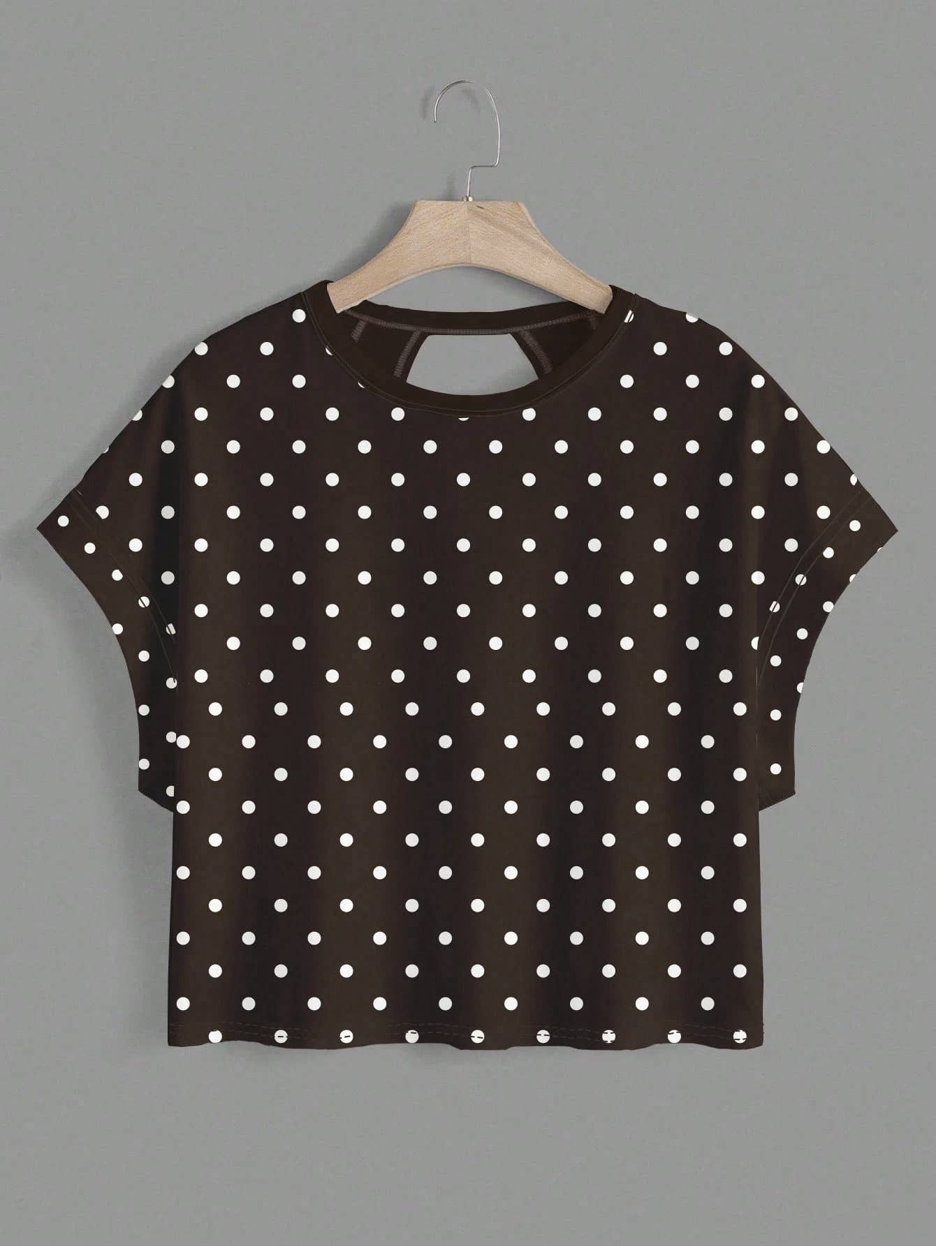 Polka Dots Wrapped Cutout Back Slouchy Tee Workout Shirt