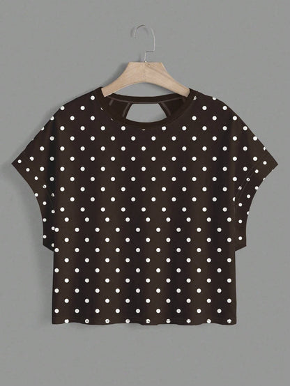 Polka Dots Wrapped Cutout Back Slouchy Tee Workout Shirt