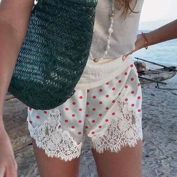 Romantic Polka Dots Lace Trim Elastic Mini Shorts