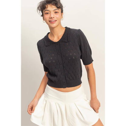 Pointelle Collar Button-Up Puff Sleeve Knit Top