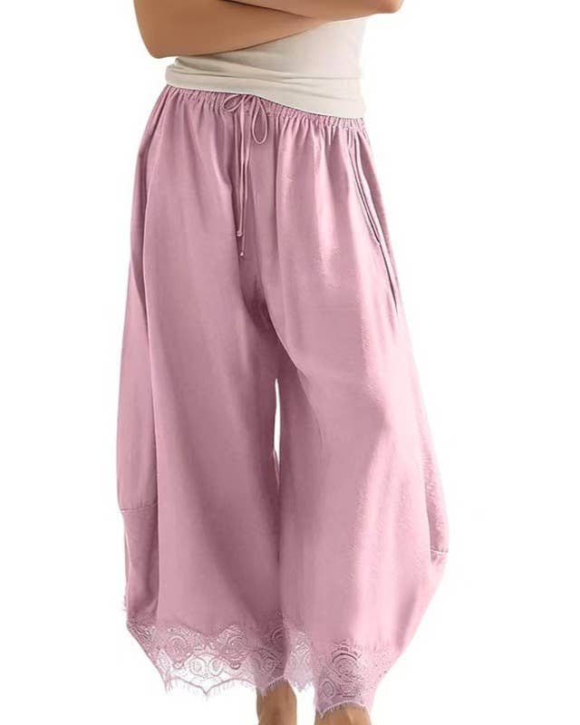 Casual Elastic Waist Lace Hem Loose Wide Leg Ankle Pants