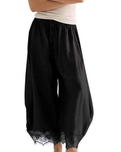 Casual Elastic Waist Lace Hem Loose Wide Leg Ankle Pants