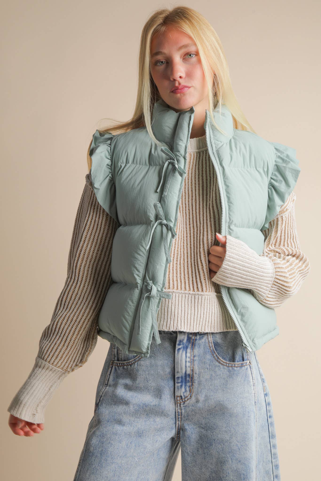 Front Bow Ruffle Sleeve Puffer Vest