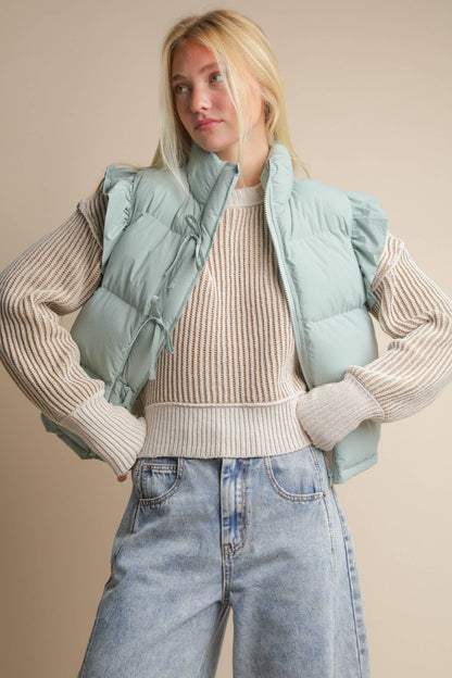 Front Bow Ruffle Sleeve Puffer Vest