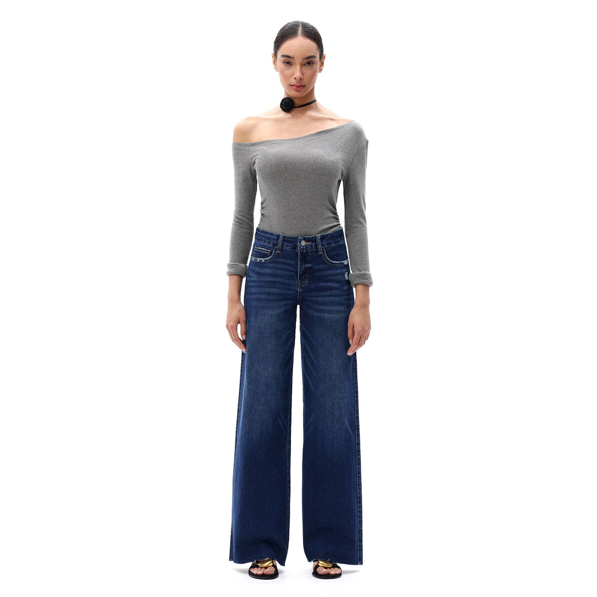 ONESO Mid Rise Wide Leg Jeans Raw Hem Vintage Distressed