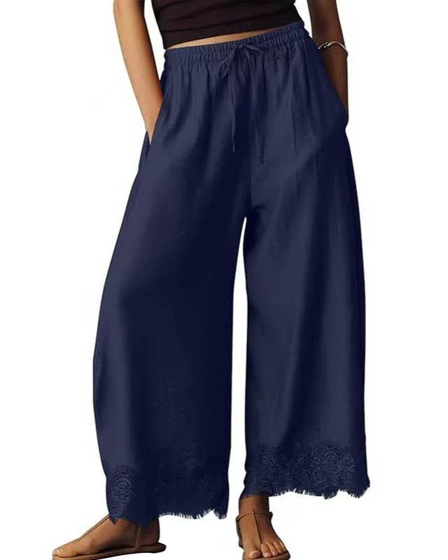 Casual Elastic Waist Lace Hem Loose Wide Leg Ankle Pants