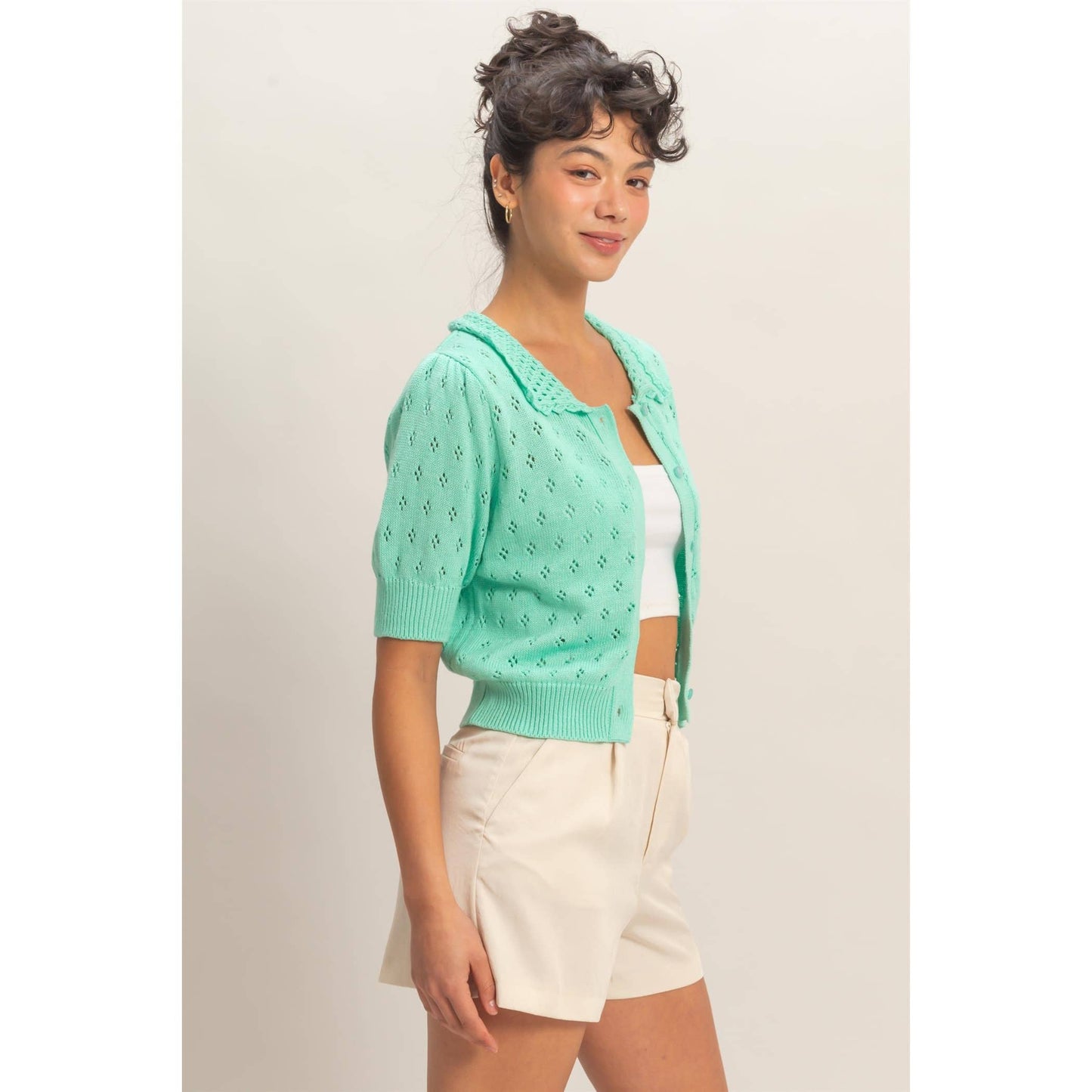 Pointelle Collar Button-Up Puff Sleeve Knit Top