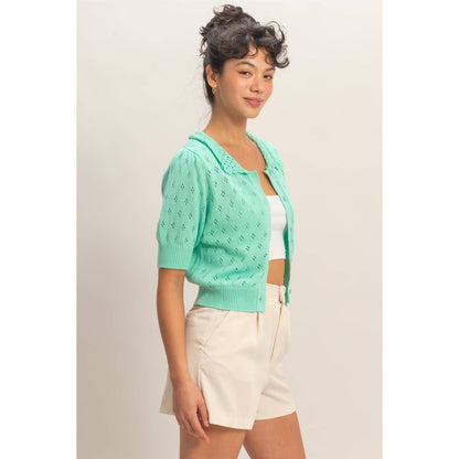 Pointelle Collar Button-Up Puff Sleeve Knit Top