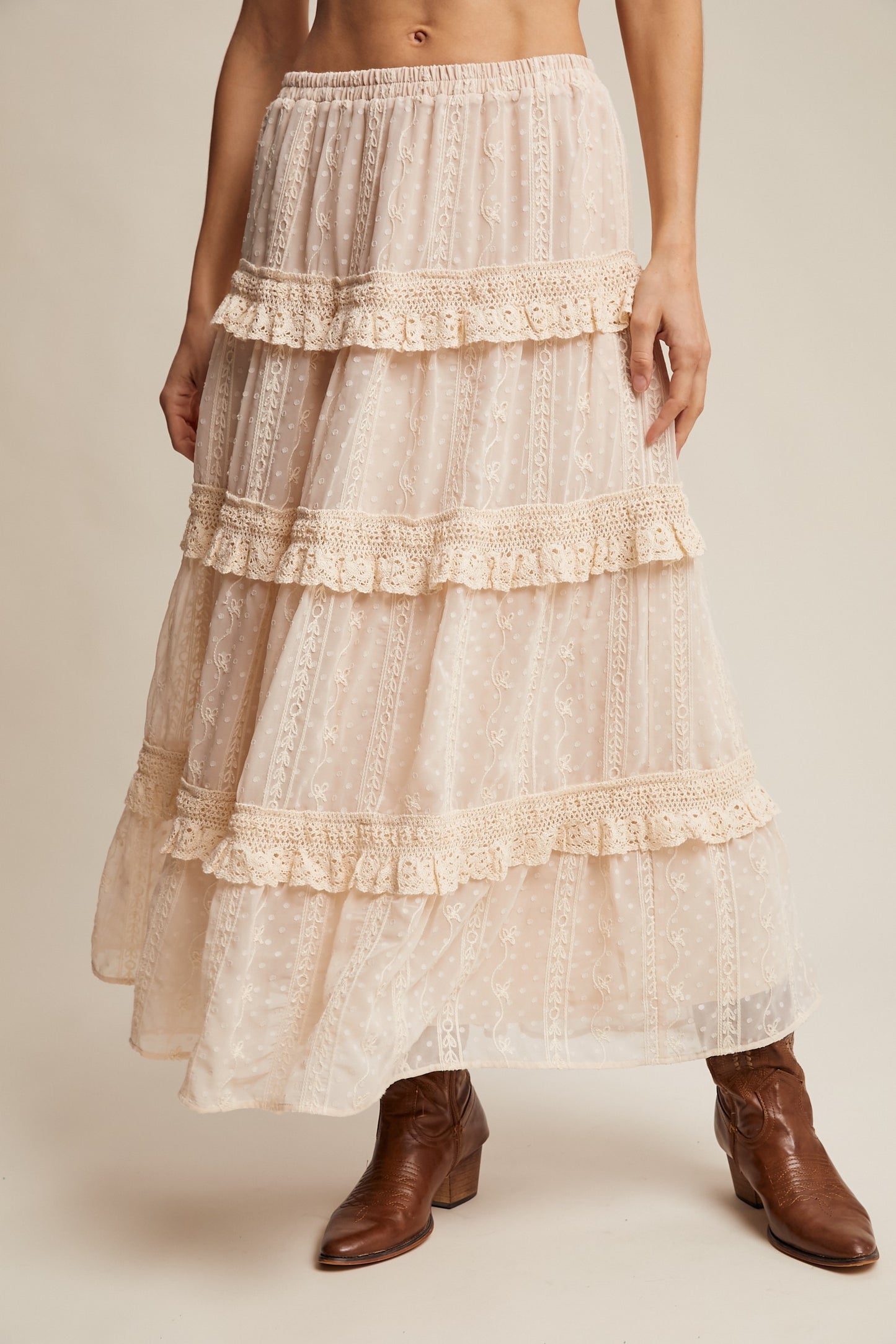 Embroidered Lace Tiered Maxi Skirt