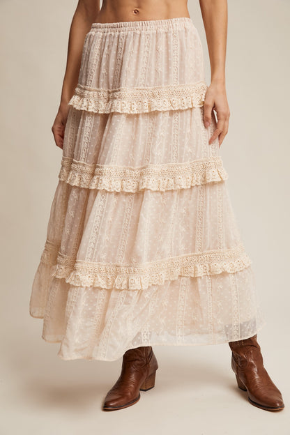 Embroidered Lace Tiered Maxi Skirt