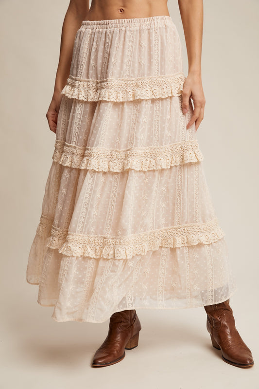 Embroidered Lace Tiered Maxi Skirt