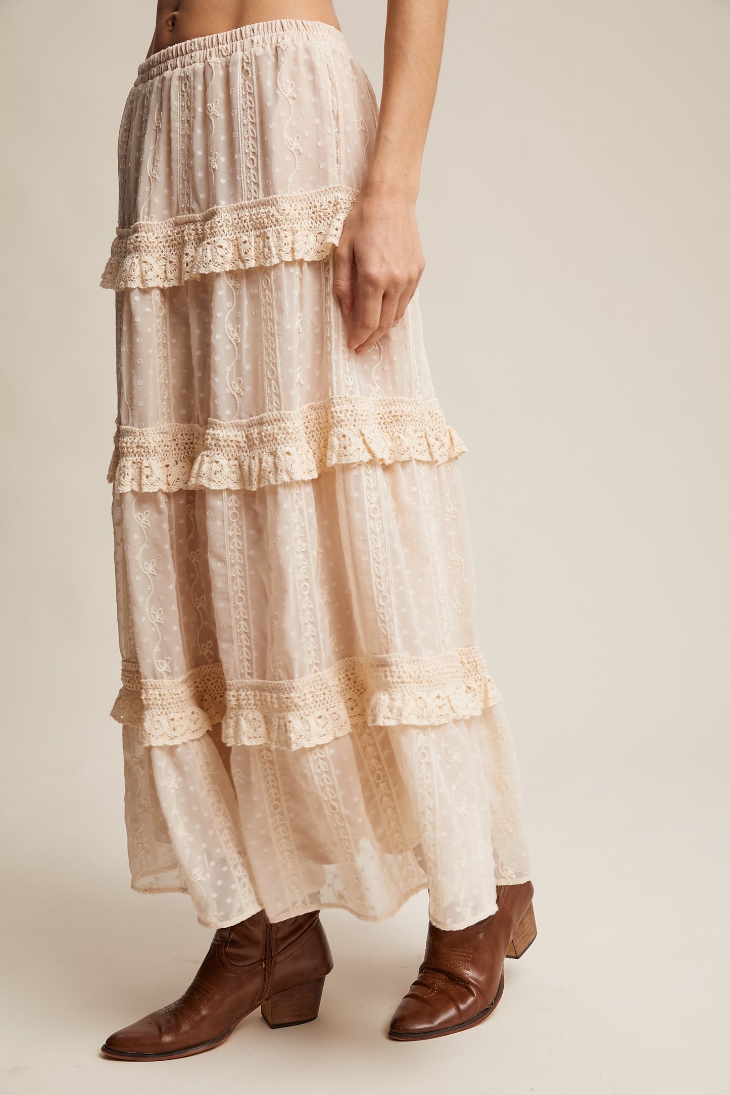 Embroidered Lace Tiered Maxi Skirt